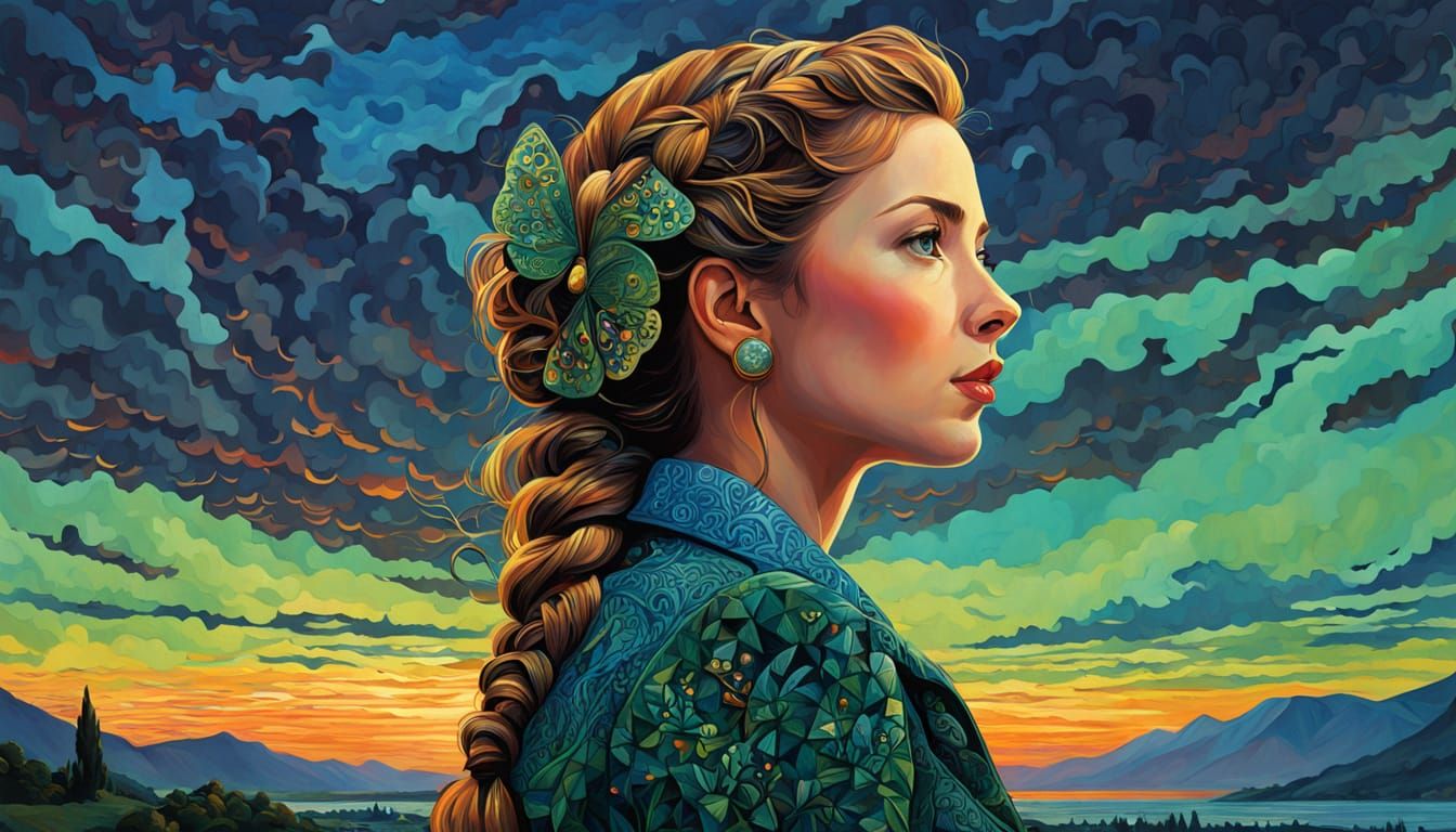 Woman in Green Dress Amidst Surreal, Chaotic Scenery