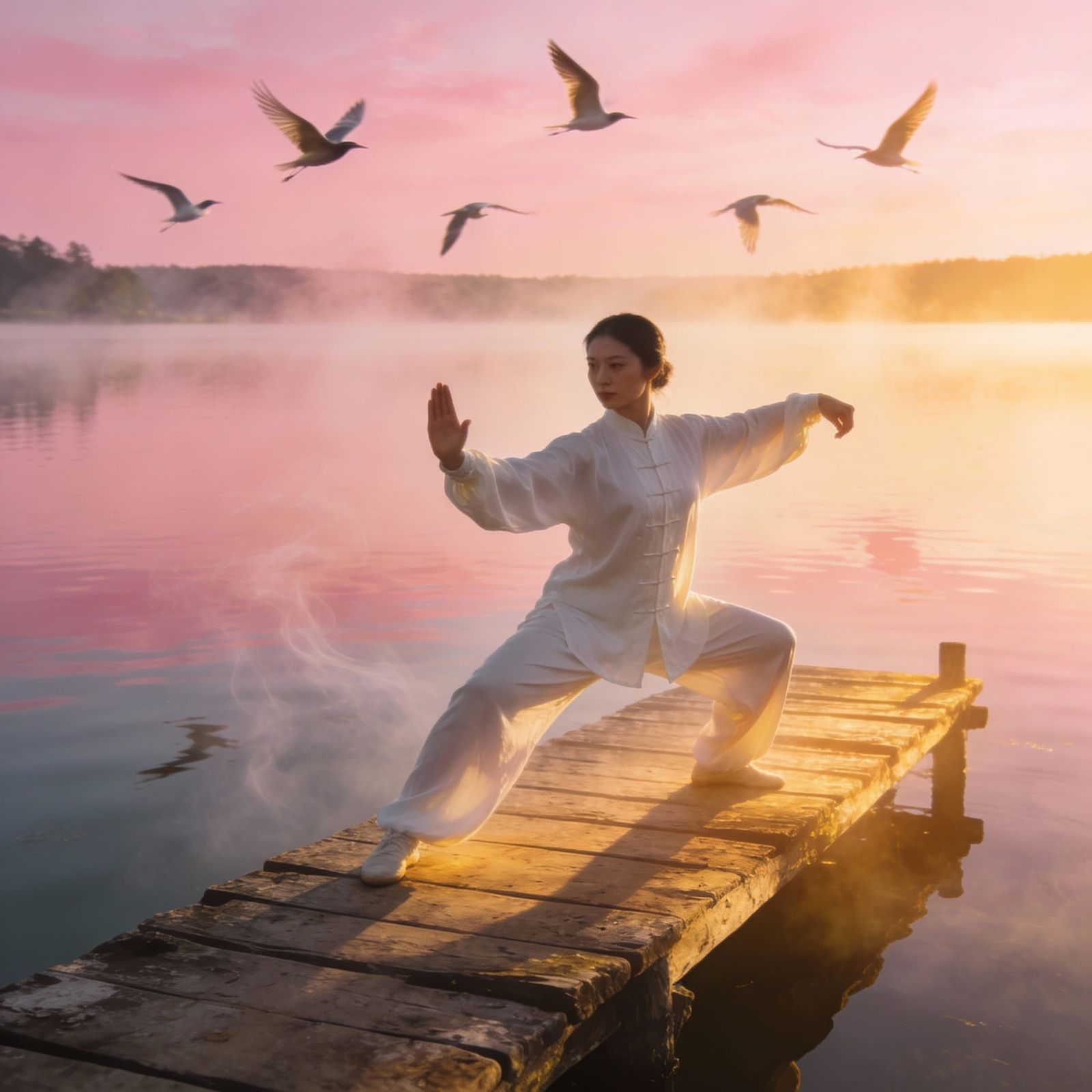 Serene Lakeside Sunrise Tai Chi Scene