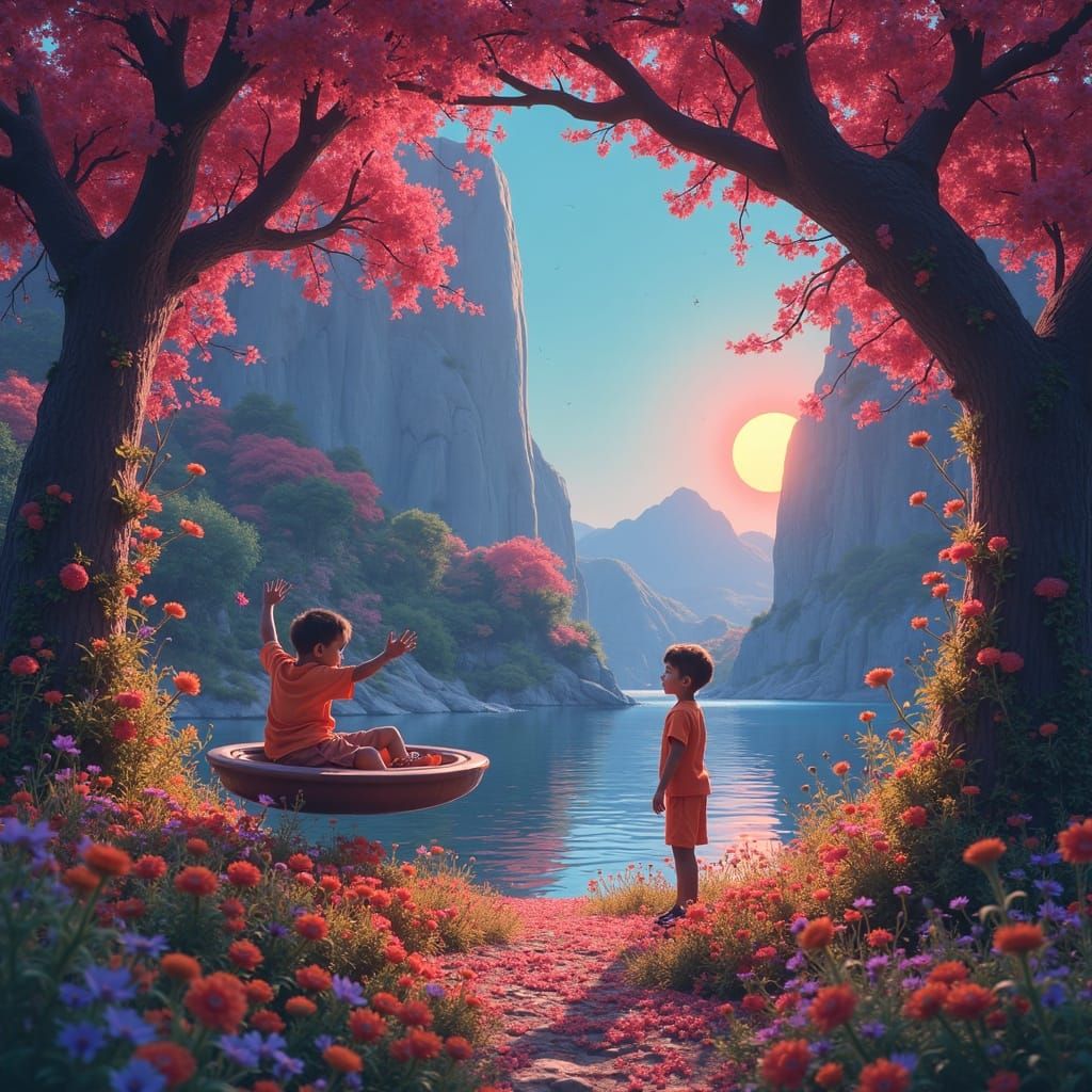 Child Gazes into Floating Portal of Vibrant Park