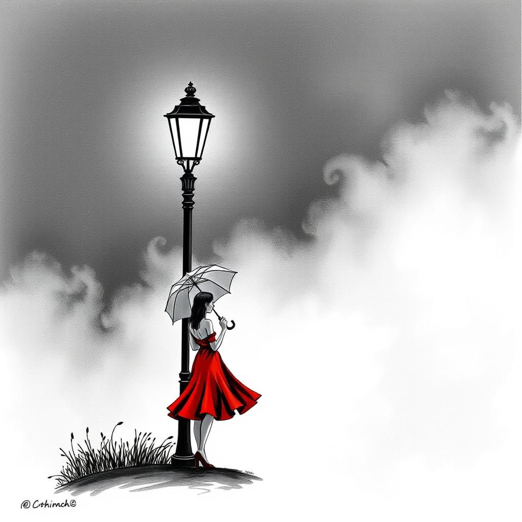 Woman in Red Dress: Botanical Ink Illustration