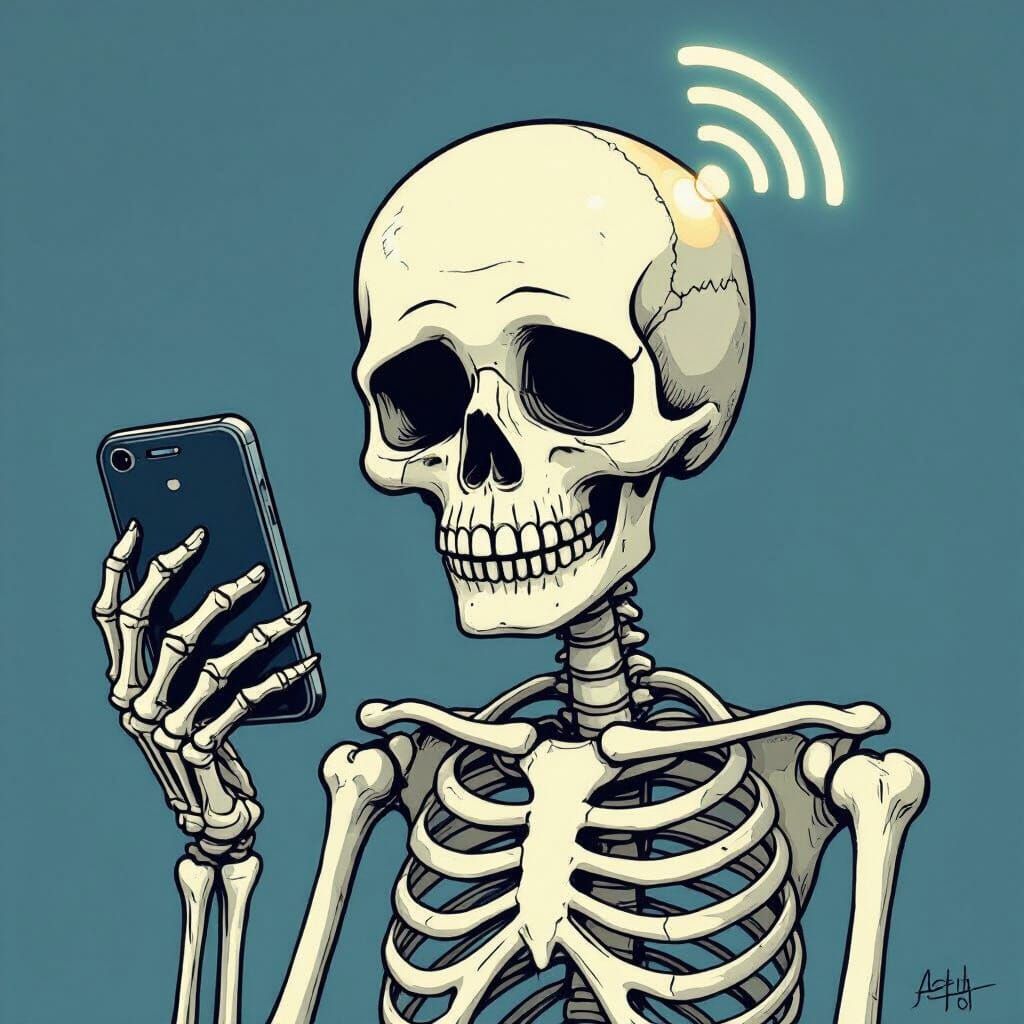 Skeleton with Smartphone Head Sad Over Wi-Fi Signal