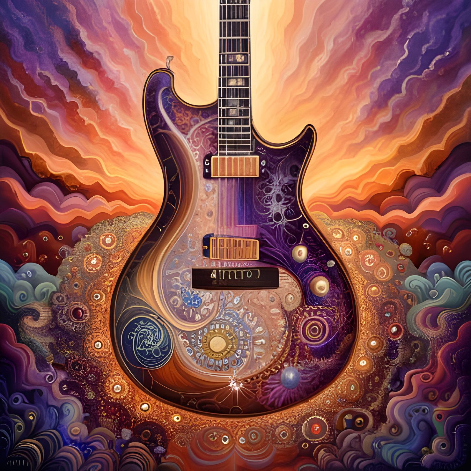 Radiant Guitar in Epic Garden: 3D Digital Art