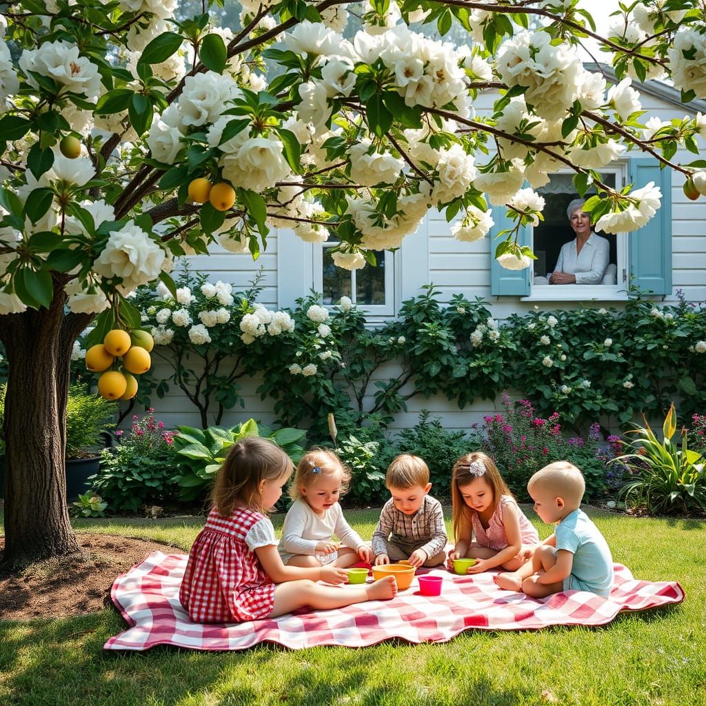 Children Play Under Blooming Fruit Trees in Grandmother's Ga...
