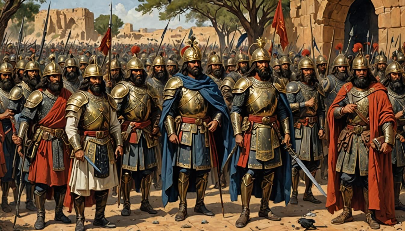 King Solomon's Army: Hand-Drawn Sketch in Oil Painting Style