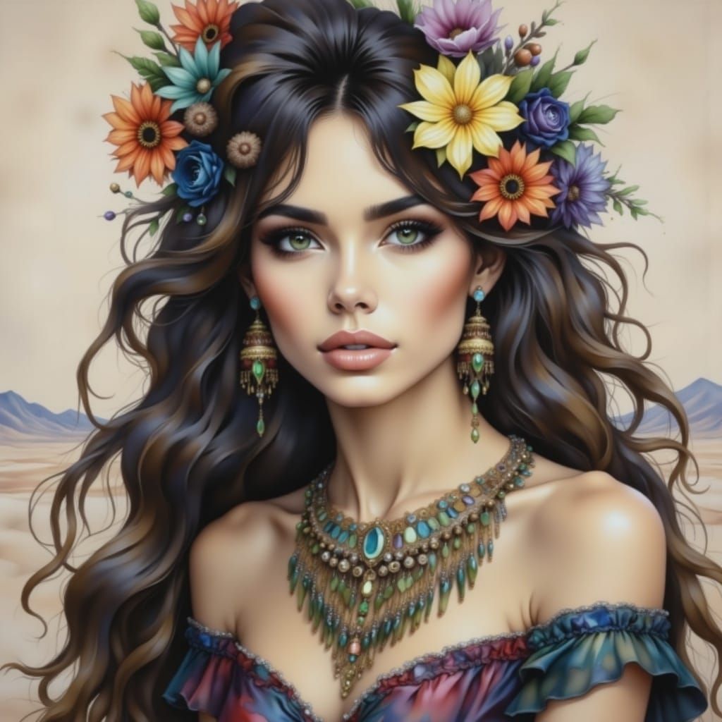 Fantasy Martian Girl Portrait in Watercolor Style