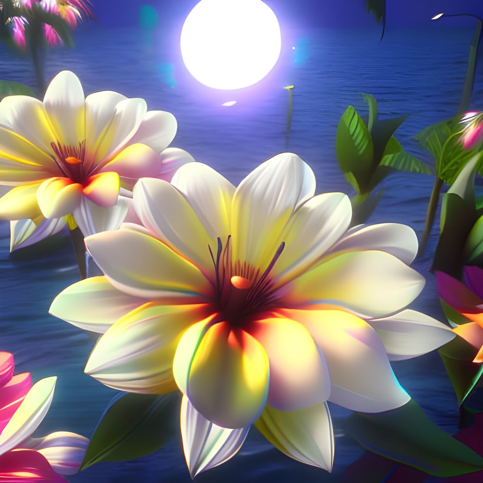 Luminous Tropical Flowers in Hyperreal Style