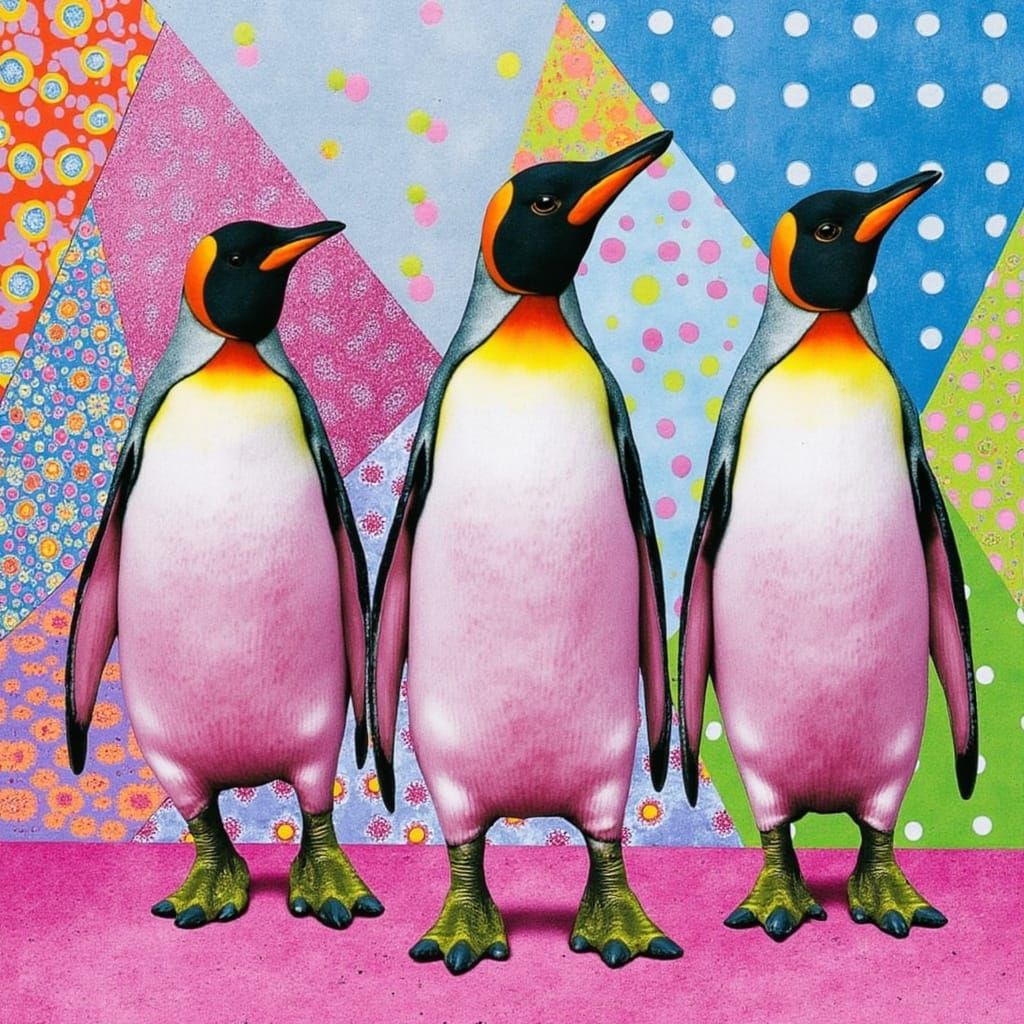 Pink Penguins Painting Purple Polka-Dot Pyramids