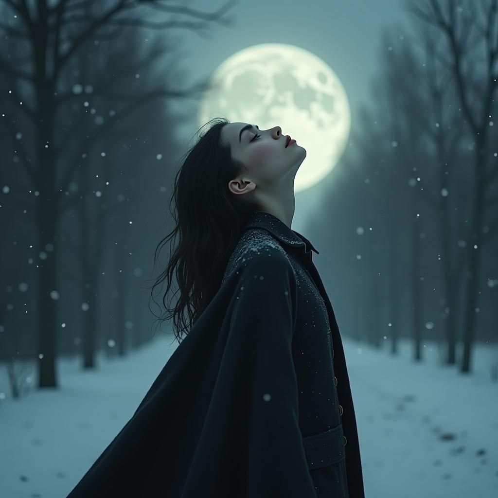 Melancholic Girl Under Moonlight in Ethereal Winter Scene