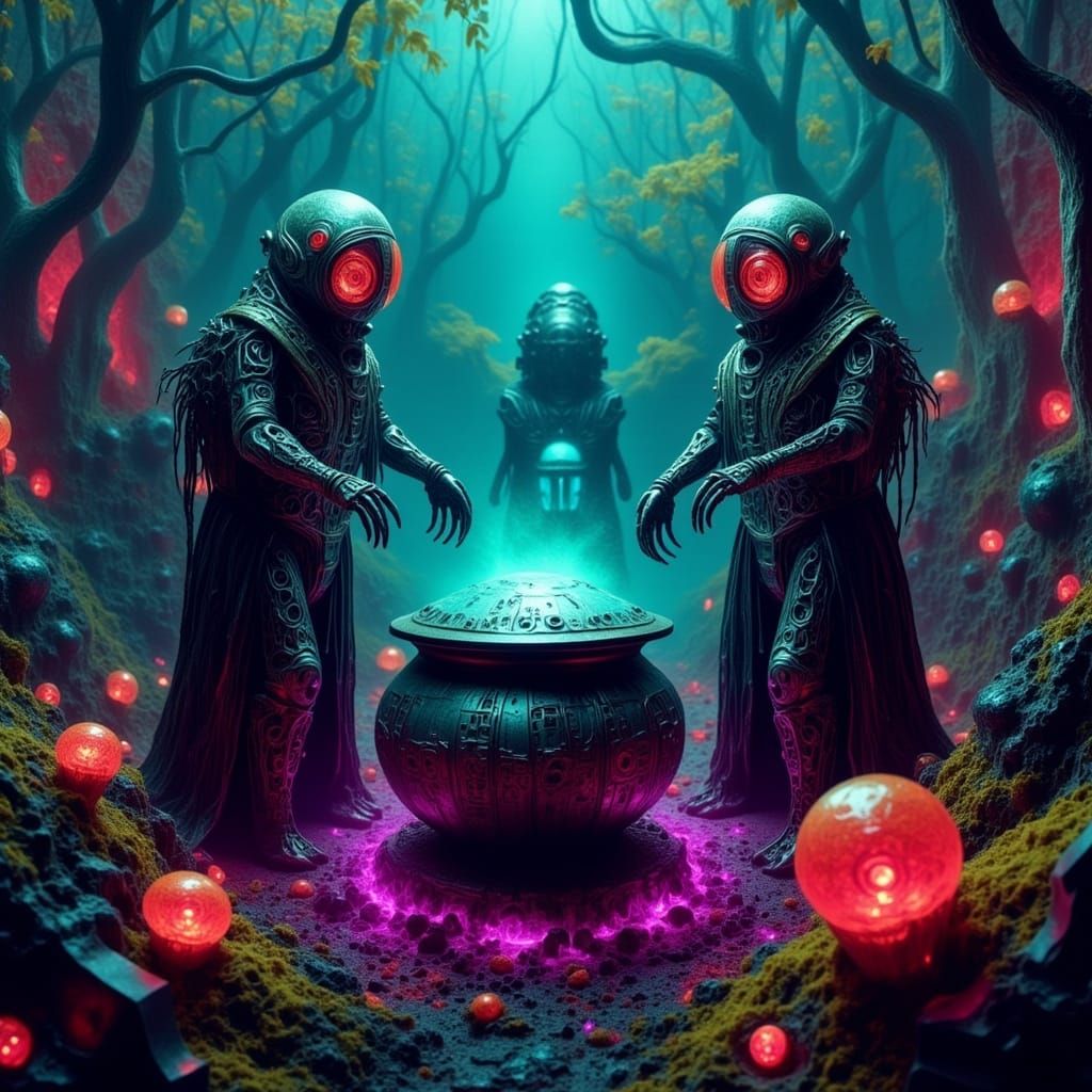 Witch Cyborgs Gather in Bioluminescent Forest