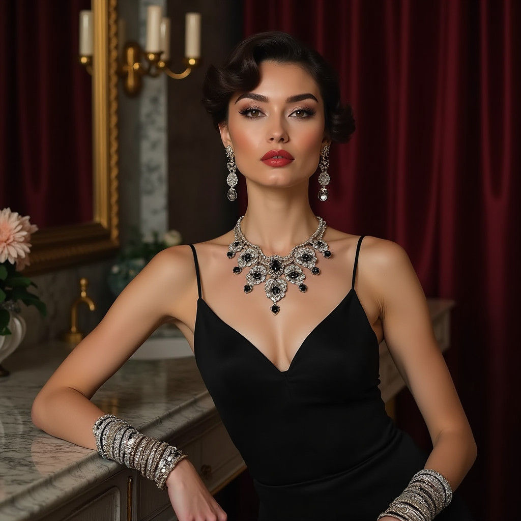 Elegant Woman Adorned in Evening Jewelry, Art Nouveau Style