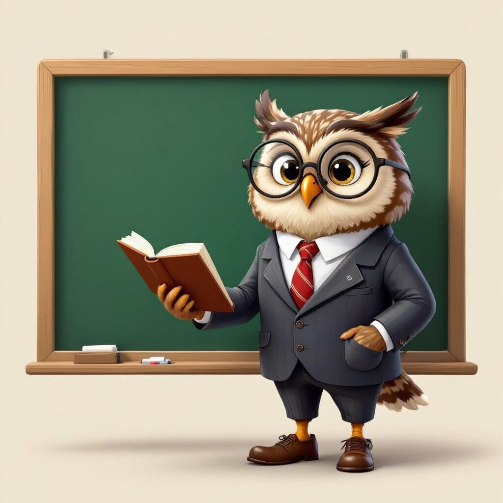 Smiling Owl in Suit with Book, Hand-Drawn Cartoon Style