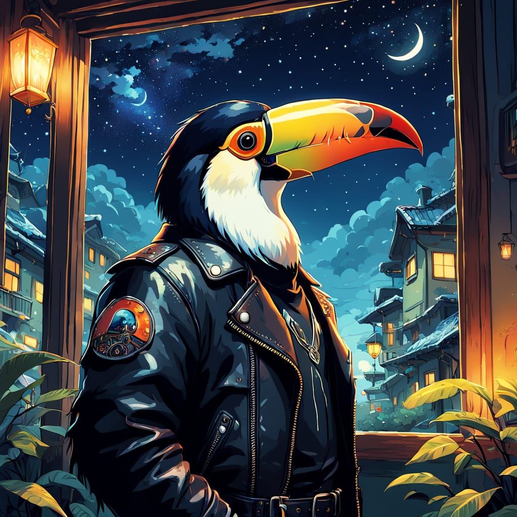 Vibrant Toucan in Cozy Biker Attire, Studio Ghibli Style