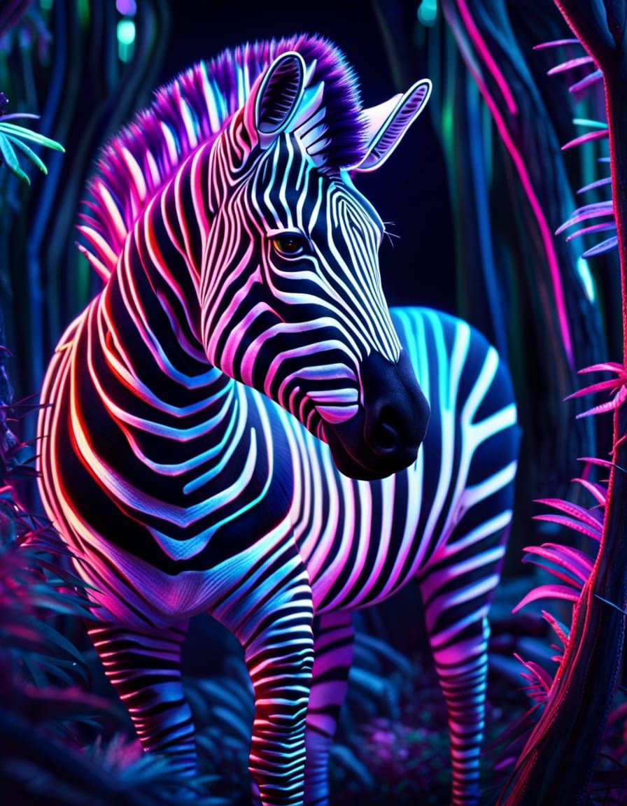 Neon Striped Zebra in a Magical Forest