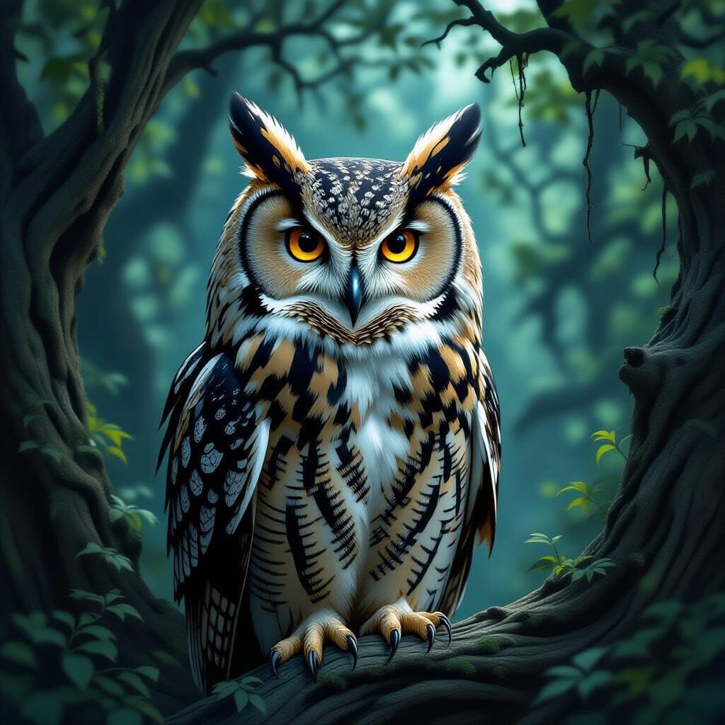 Majestic Owl With Tree Bark Feathers in Fantasy Forest
