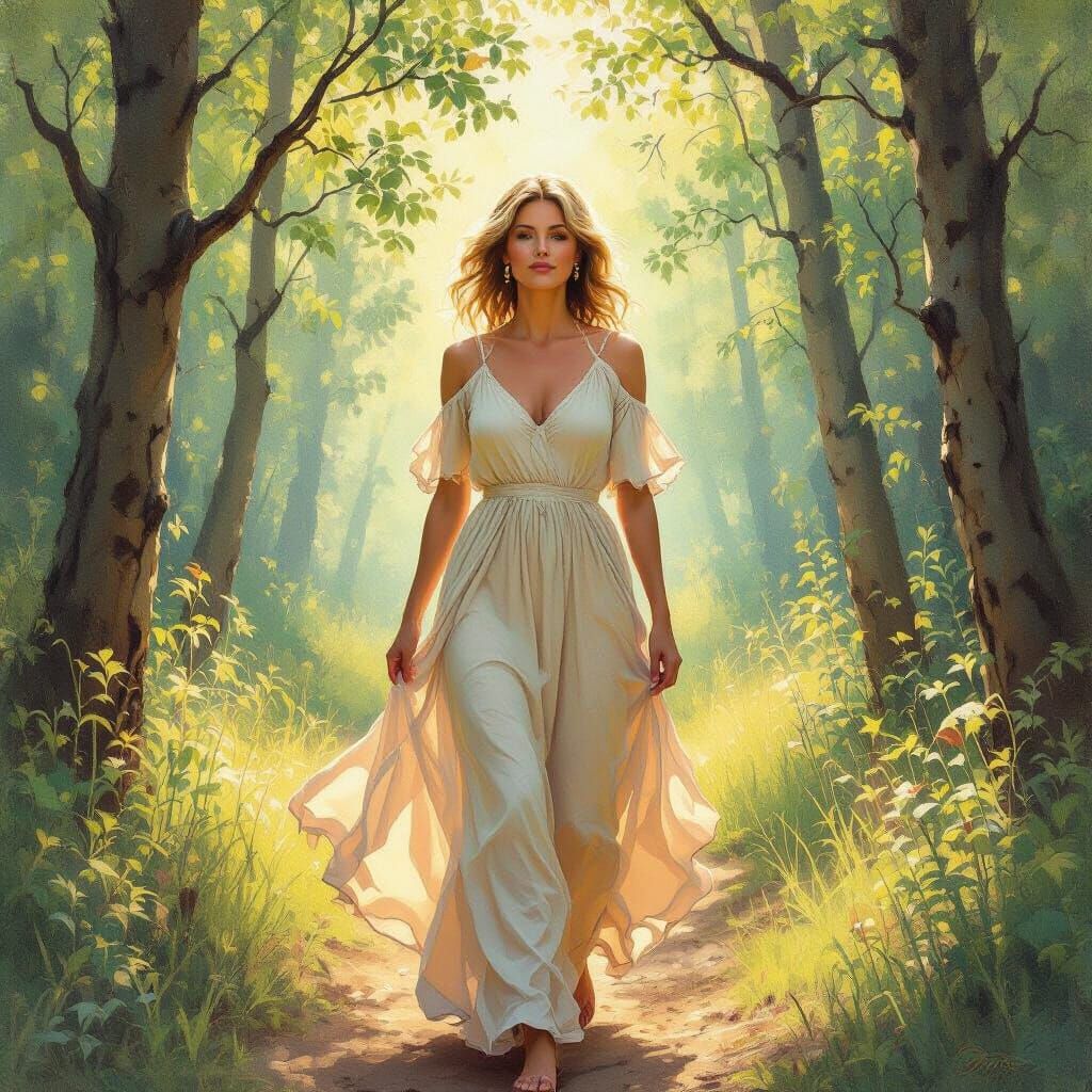 Woman in Forest, Vibrant Oil Painting in Impressionist Style