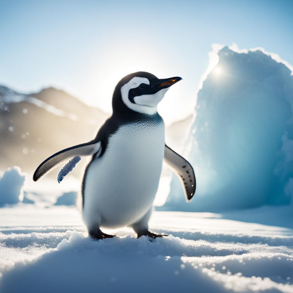 Happy Baby Penguin with Fish on Snowy Ground