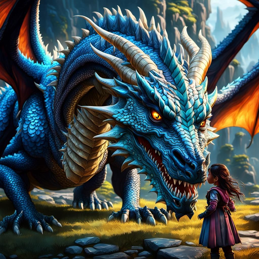 Protective Dragon Queen with Little Girl: Fantasy Art