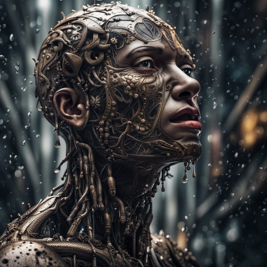 Hyperrealistic Humanoid Crying Tears in HDR