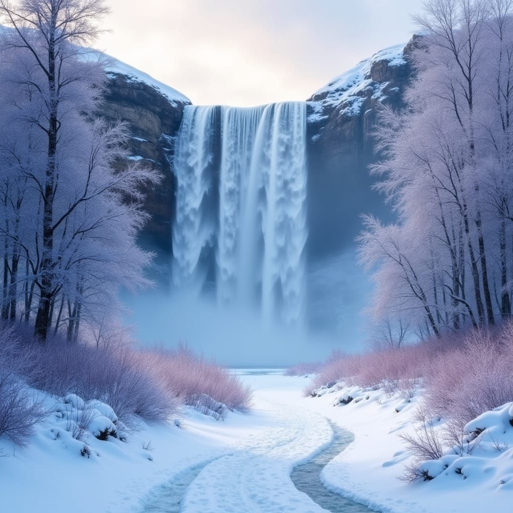 Ethereal Winter Wonderland with Majestic Waterfall and Frost...