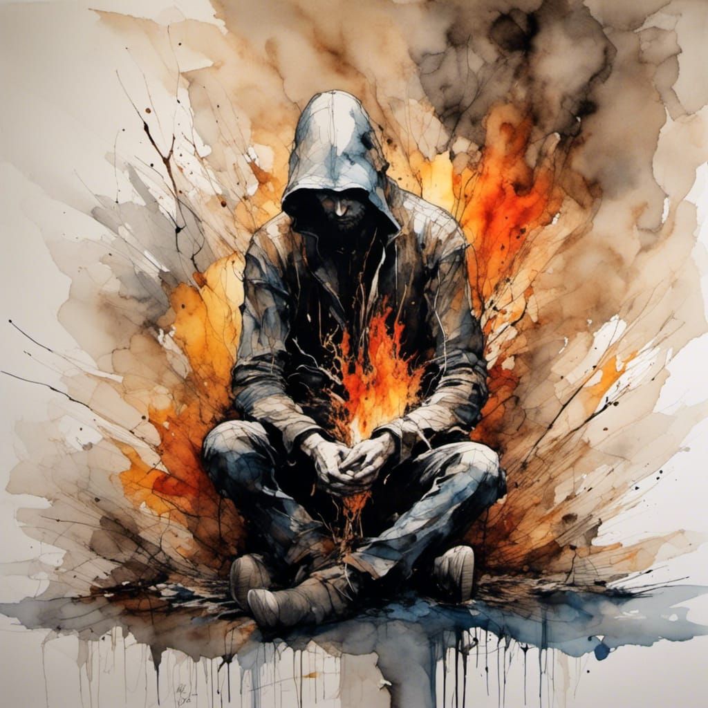 Tired Man Expressed in Watercolor and Alcohol Ink