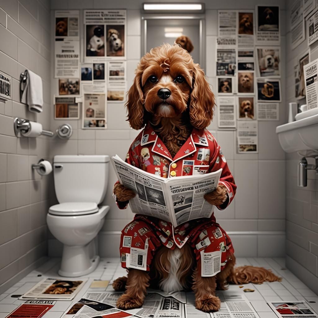 Cavapoo Reading Newspaper on Toilet, Digital Art