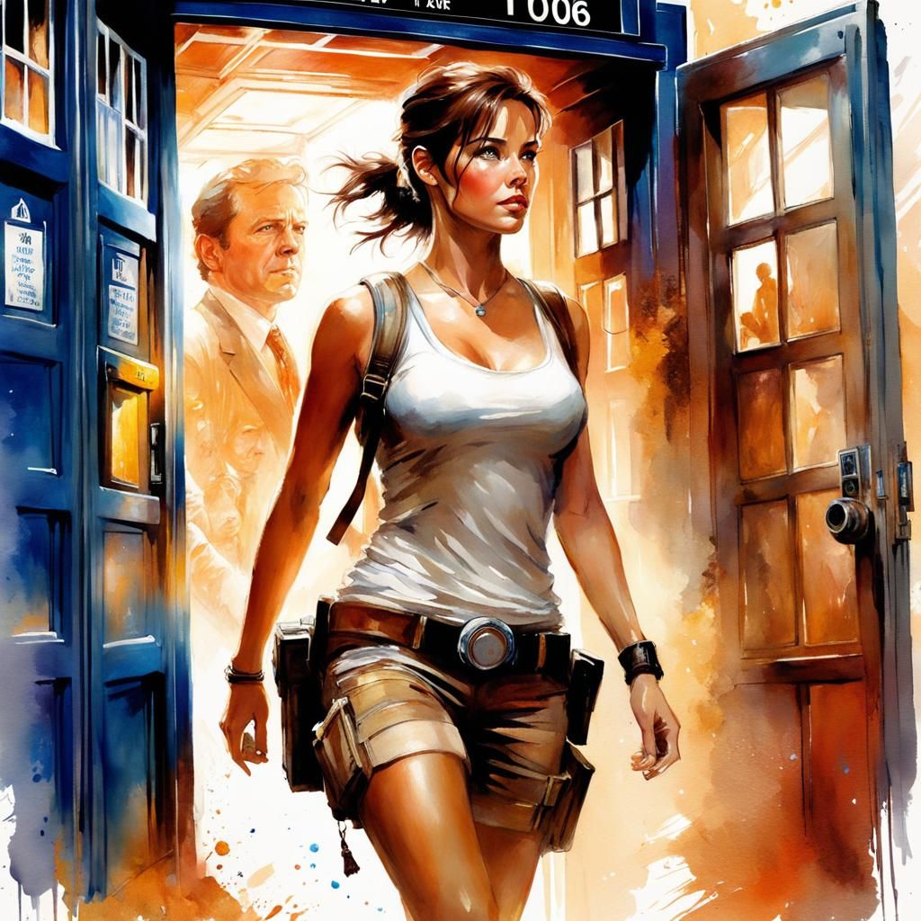Lara Croft Emerges from TARDIS: Digital Watercolor