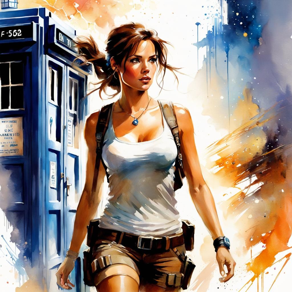Lara Croft and the Tardis: Digital Watercolor