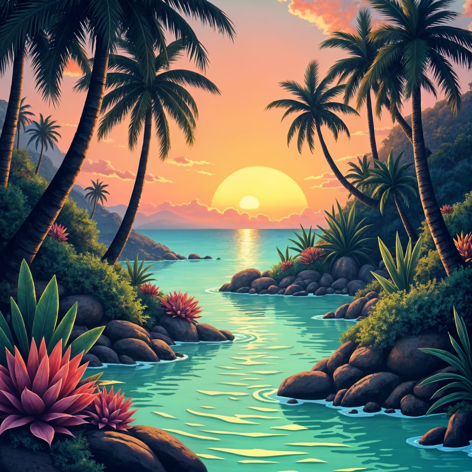 Sci-Fi Beach with Green Sand and Alien Flora