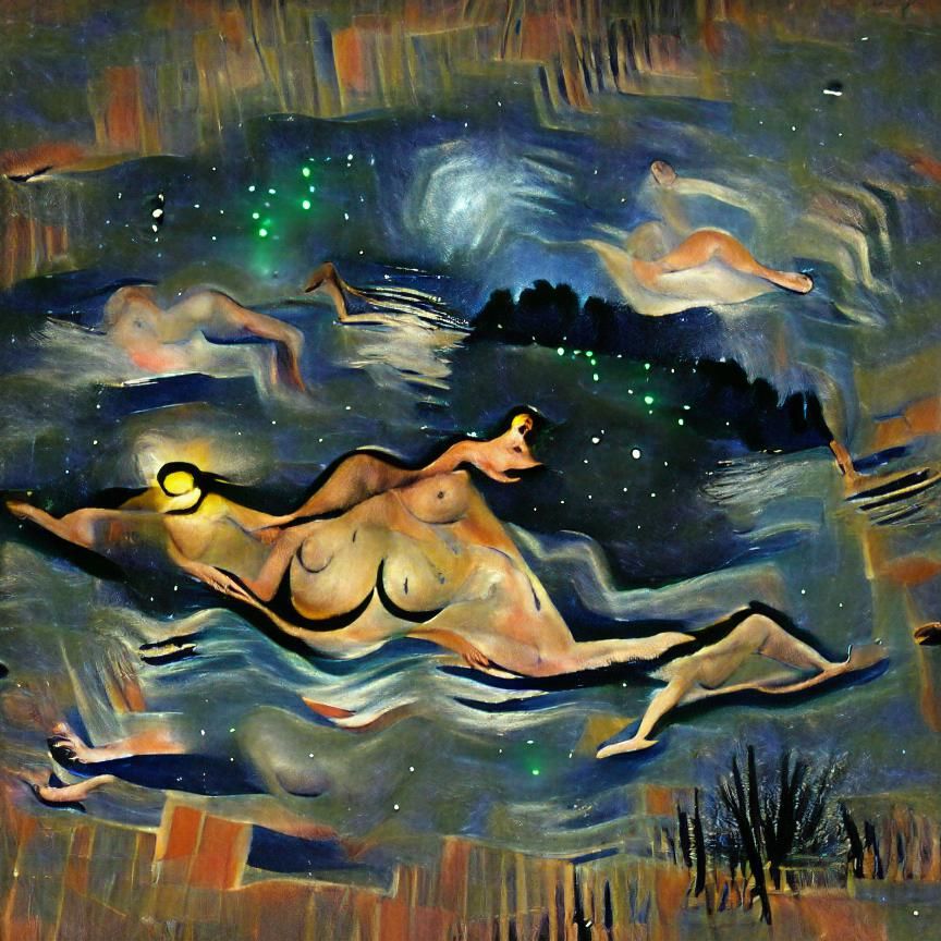 Nude Woman Swimming in Starry Night Sky