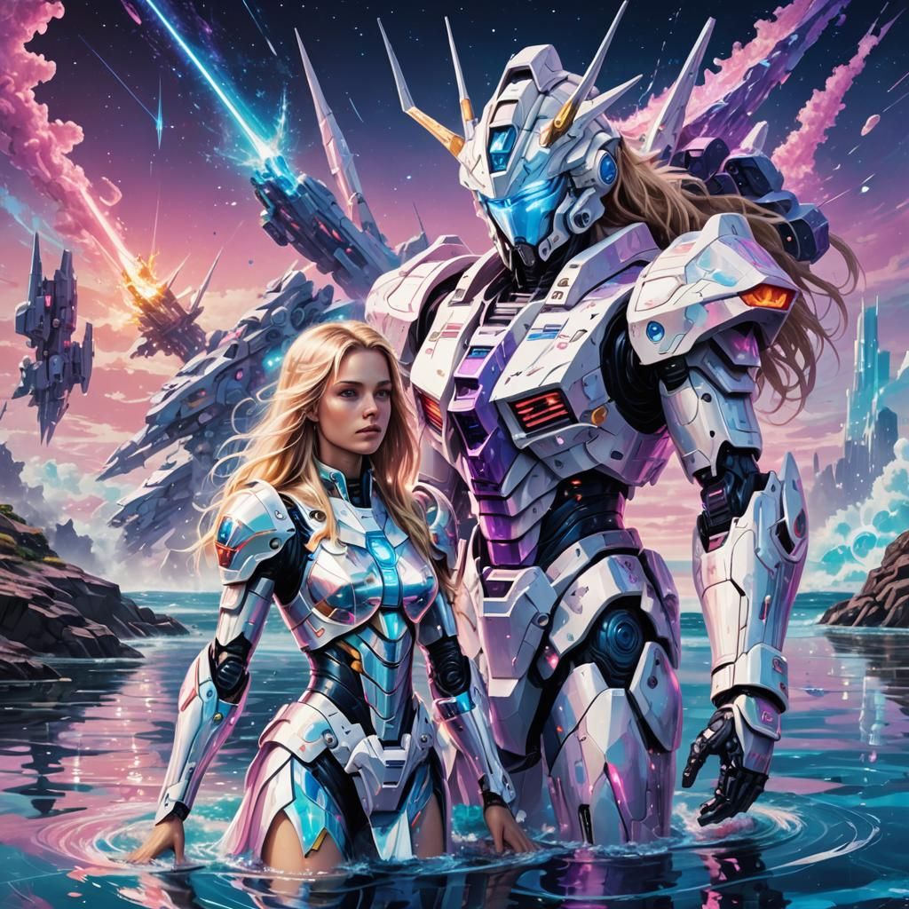 Astral Couple in Futuristic Armor Overlooking Ocean