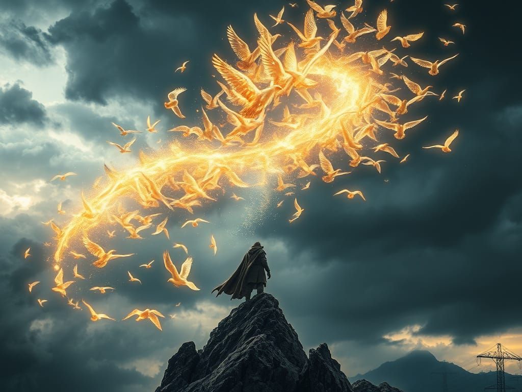 Ethereal Birds Ascend Through Stormy Sky