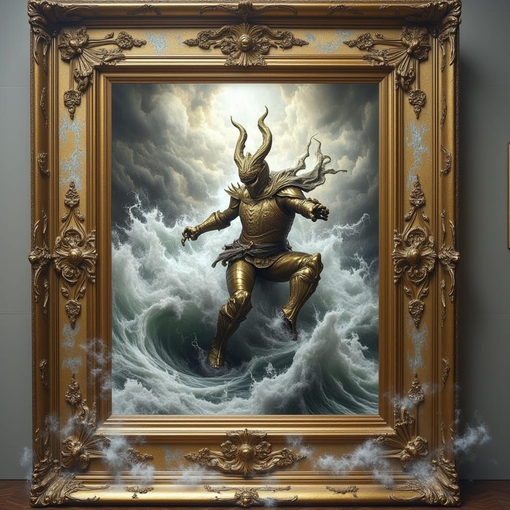 Ethereal Warrior Unleashes Energy in Ornate Frame