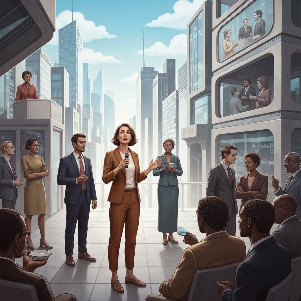 Woman Speaking in Futuristic Cityscape with Dialogue