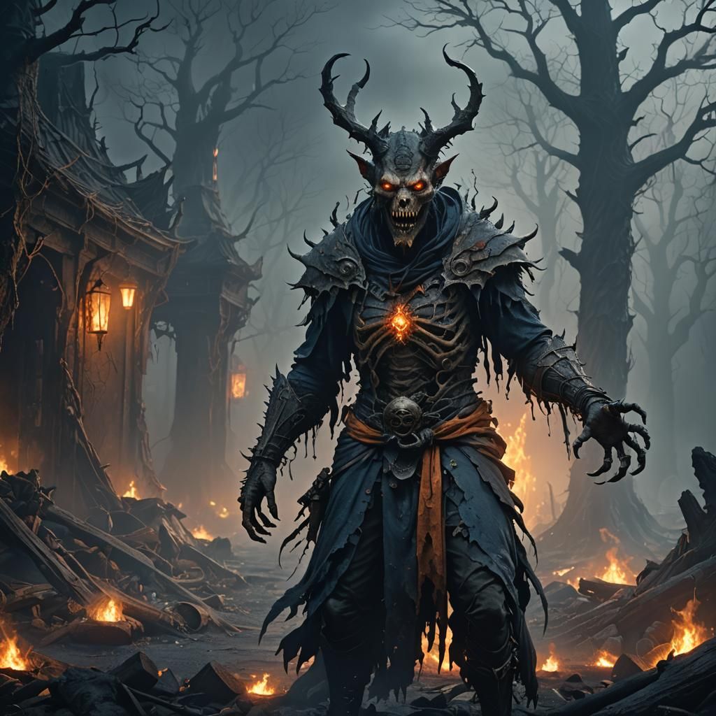 Grotesque Figure in Terrifying Costume: Dark Fantasy Art