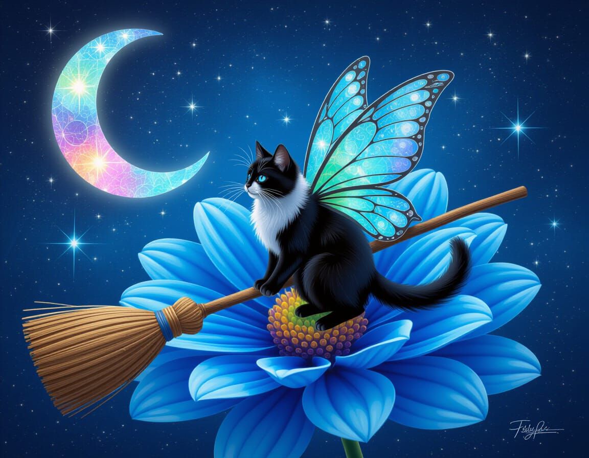 Cat Fairy Witch Flies Over Cosmos in Glass Moon