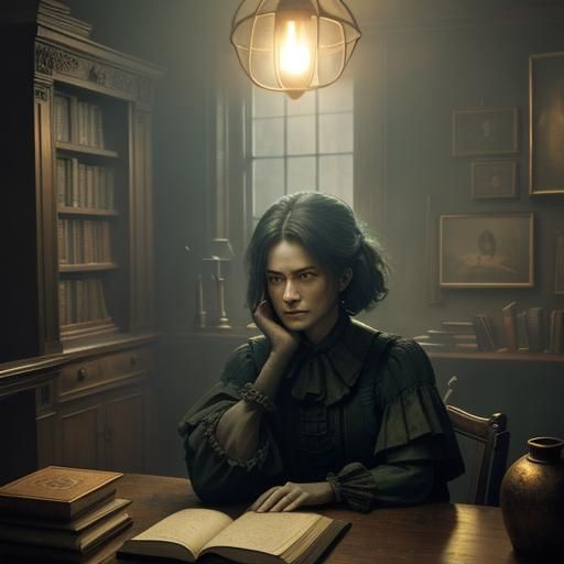 Dark Academia Woman Surrounded by Books and Candles