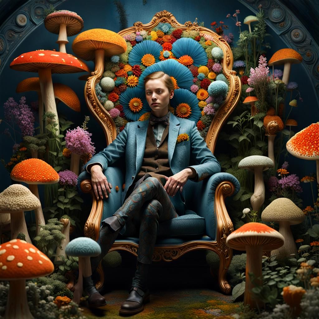 Celestial Fungi Hunter in a Surreal Fairytale Scene