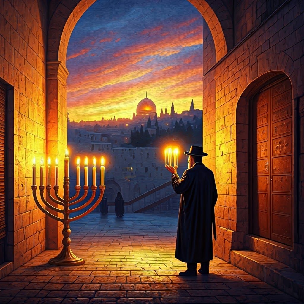 Hasidic Abbot Lights Hanukkah Candles at Sunset