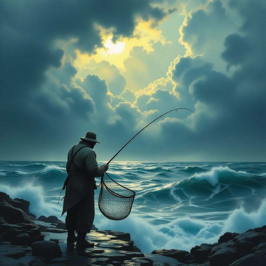 Fisherman Casting Net in Stormy Sea, Moody Cinematic Lightin...