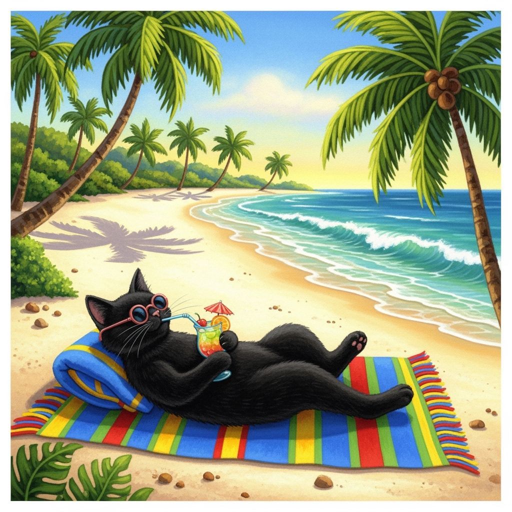 Black Cat Lounging on Tropical Beach in Folk-Art Style