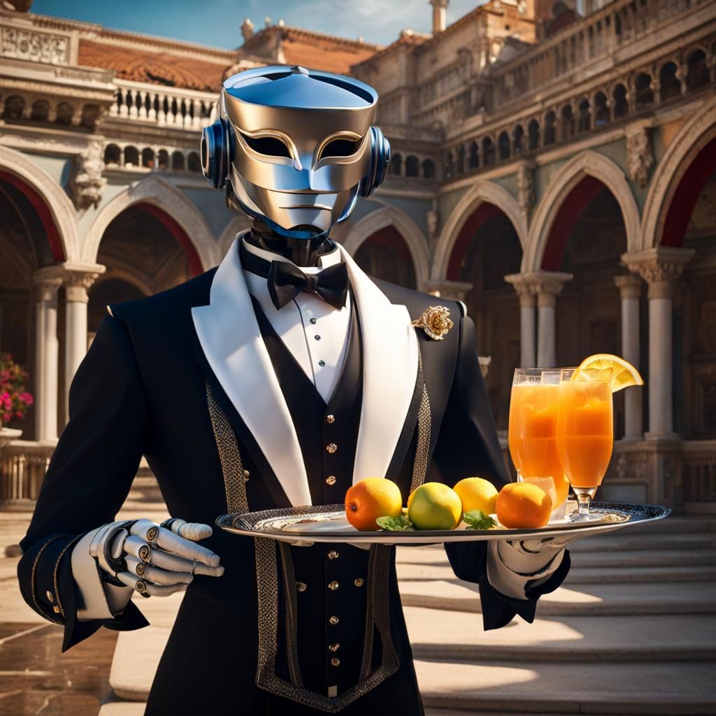 Robot Butler at Venetian Mask Ball, Digital Art