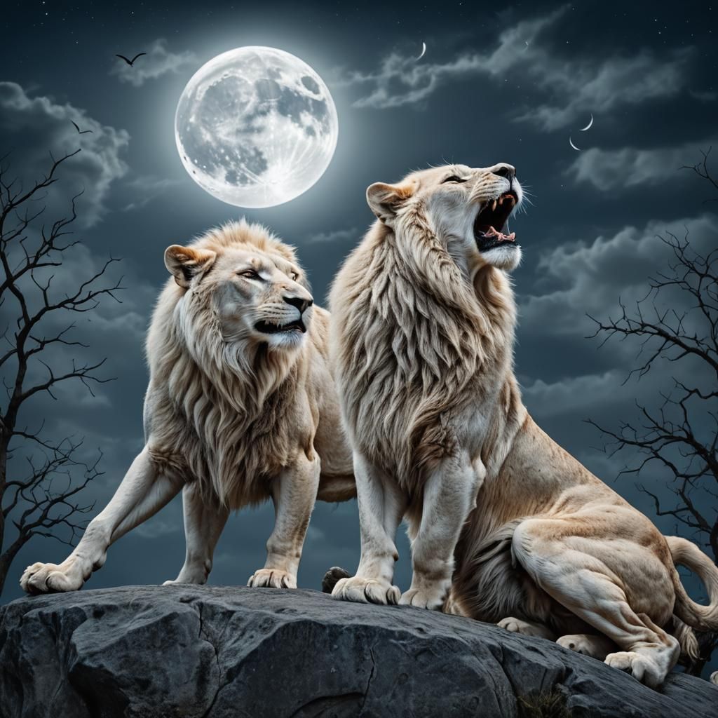 Hyperrealistic Lion-Wolf Hybrid Howling at Moon