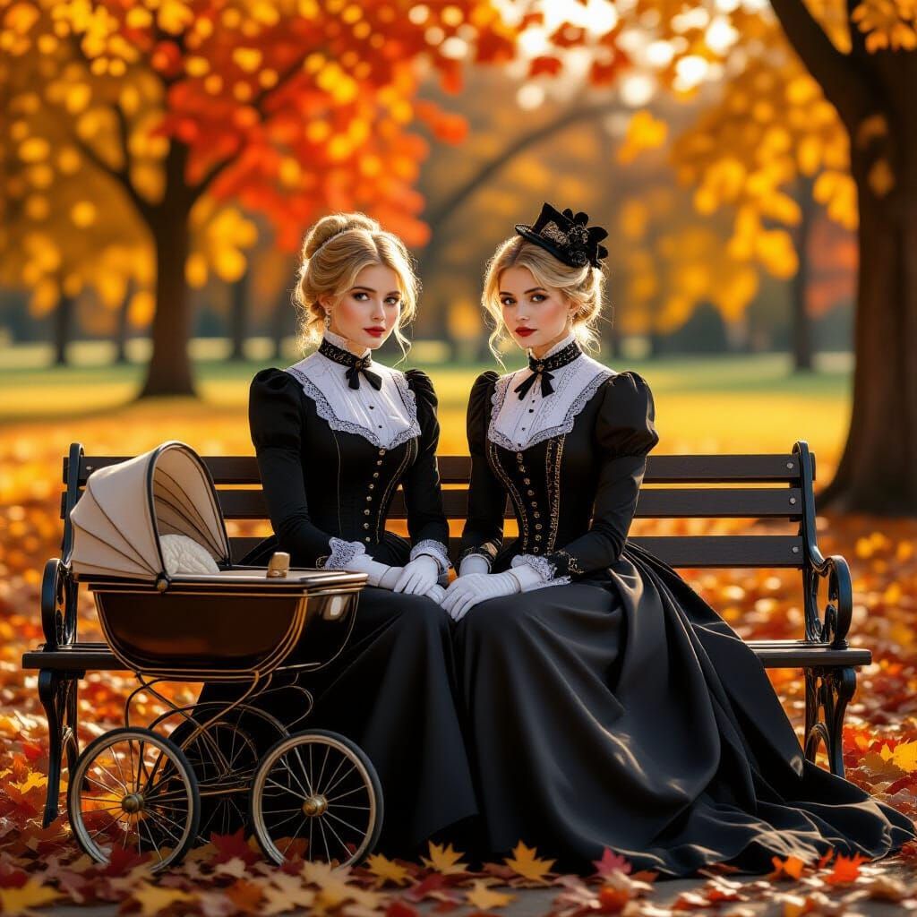 Victorian Women with Baby Pram in Autumn Park