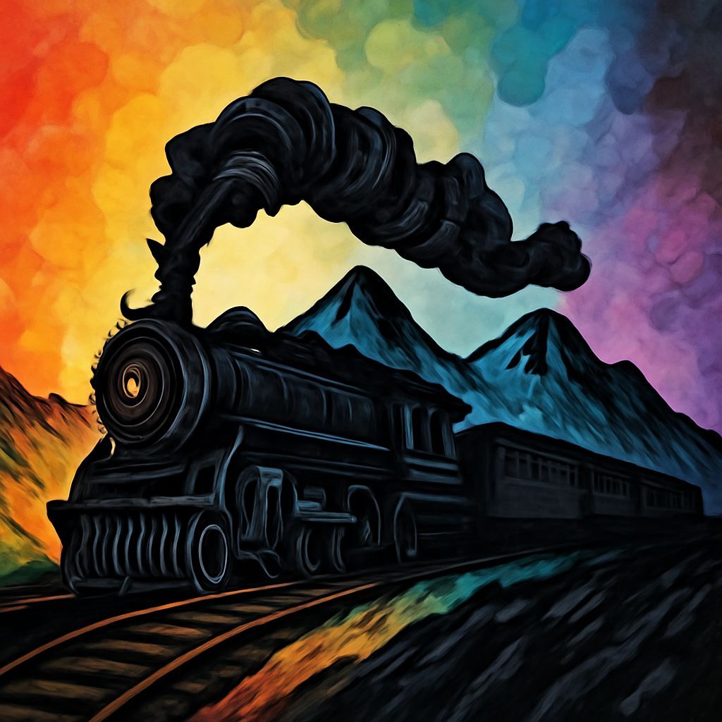 Train Journey Through Mountains with Vivid Brushstroke Backd...