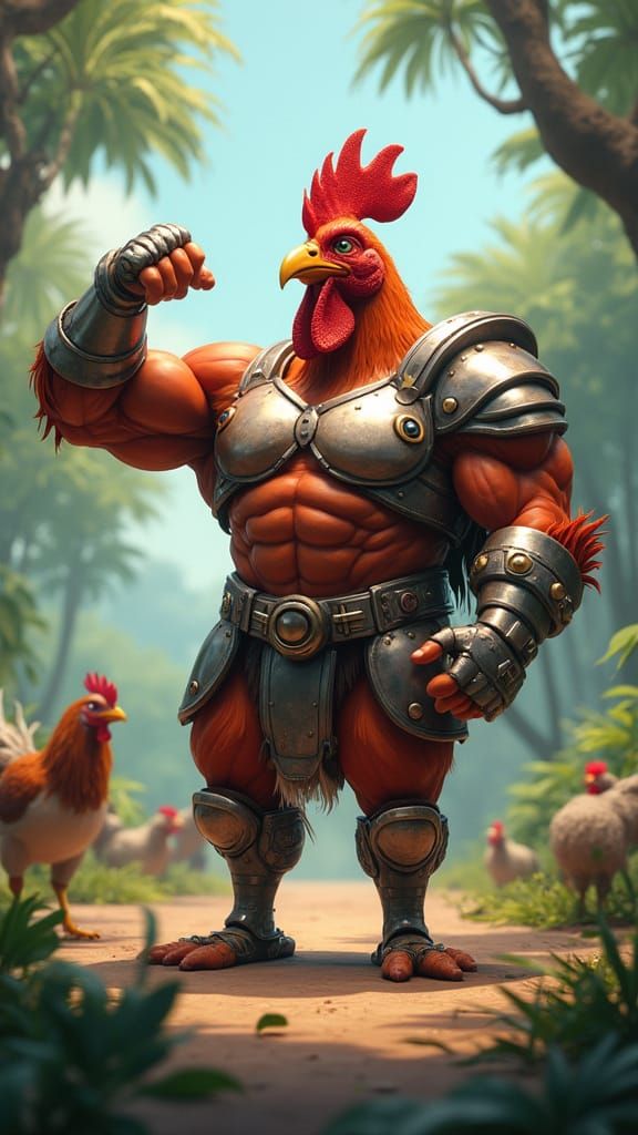 Muscular Rooster Bodybuilder in Jungle, Cartoon Style