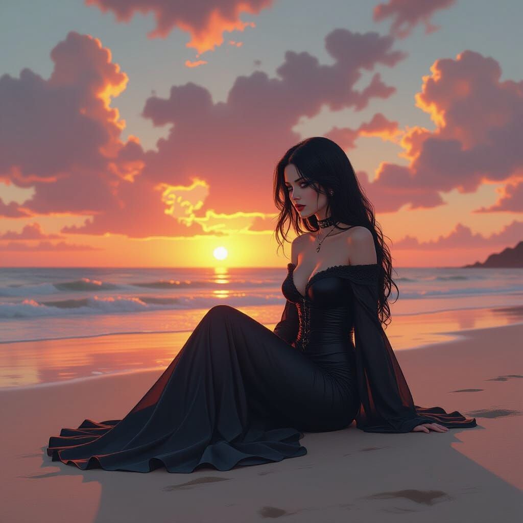 Gothcore Lady on Beach at Sunrise in Vibrant Colors