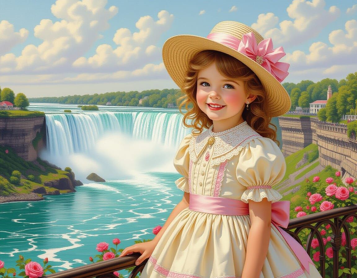 Victorian Girl Smiles at Niagara Falls, Whimsical Style