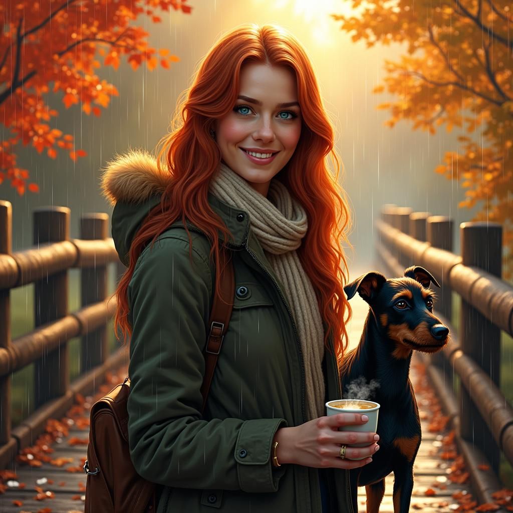 Autumnal Woman with Dog, Impressionist Painting