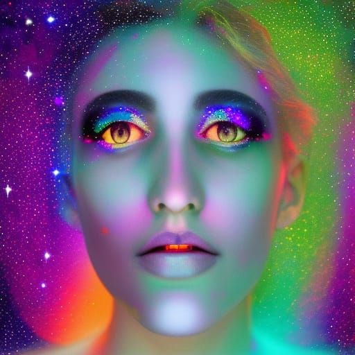 Glitter Eyes Reflecting Cosmic Surprise: Astral Illustration