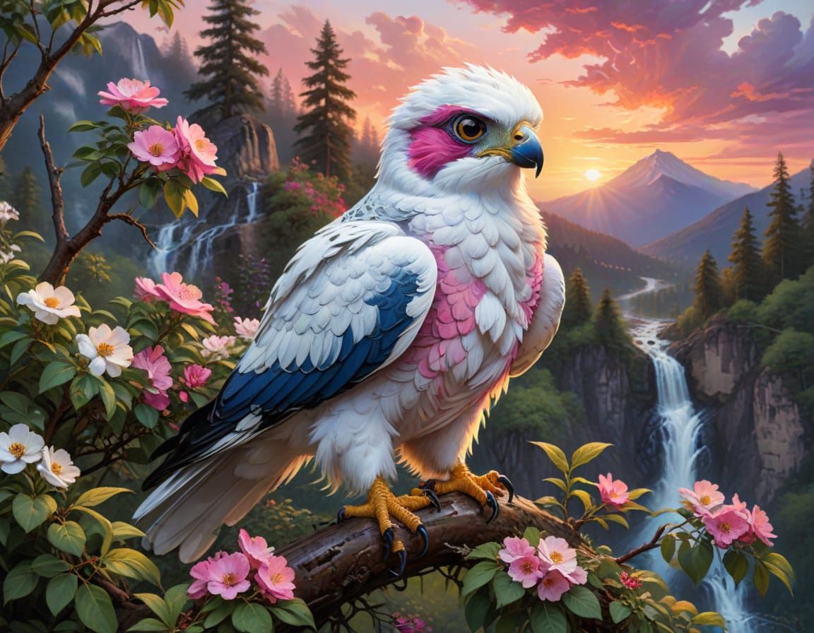 Whimsical Sunset Falcon on Blueberry Bush in Triadic Colors